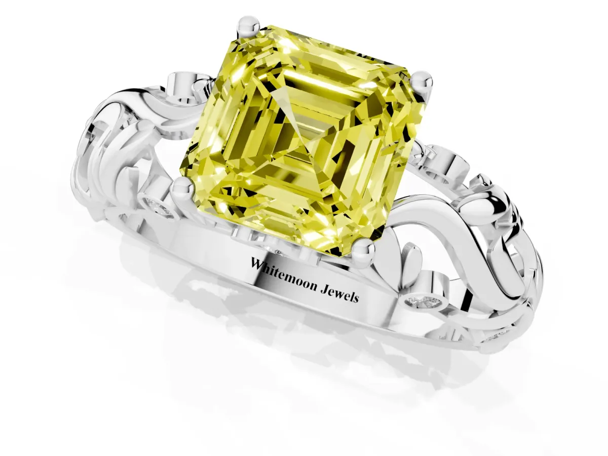 Fancy Yellow Asscher Cut Solitaire Diamond Leaf-Inspired Vine Band Ring with Prong Setting Platinum