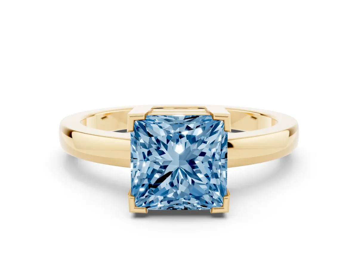 Fancy Blue Princess Cut Cut Solitaire Ring with Four-Prong Setting and Classic Band Yellow gold