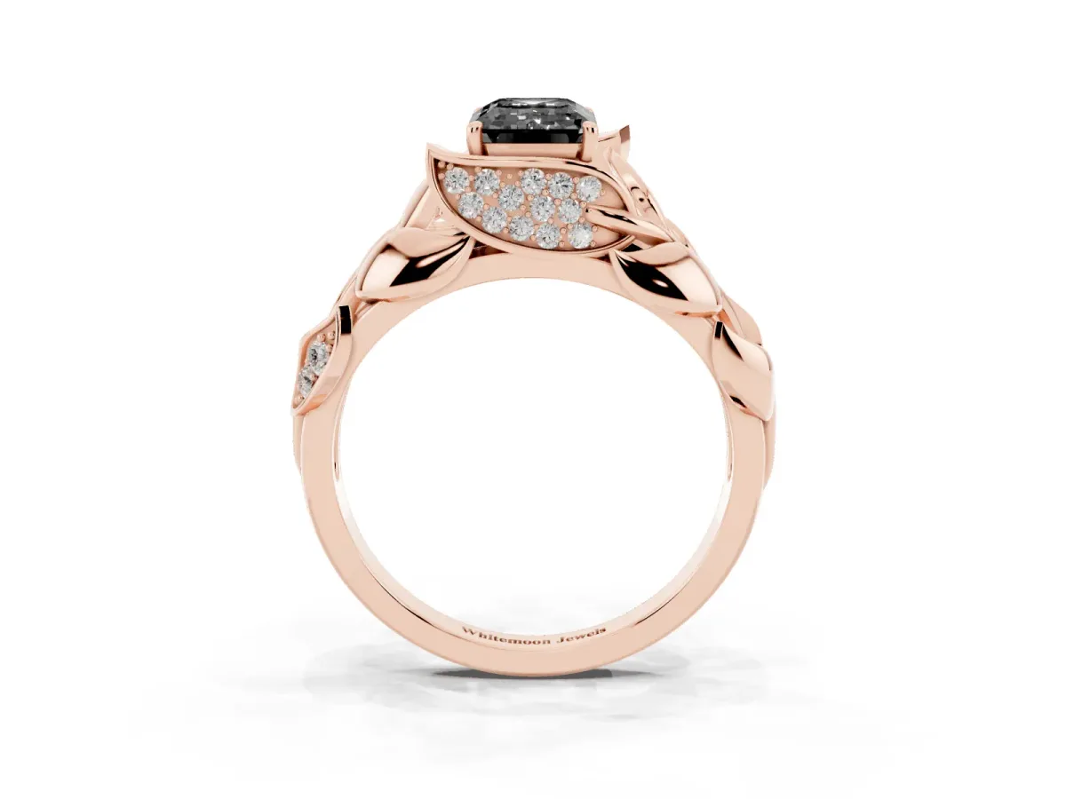 Fancy Black Emerald Cut Diamond Leaf-Inspired Engagement Ring with Round Accents and Prong Setting Rose gold