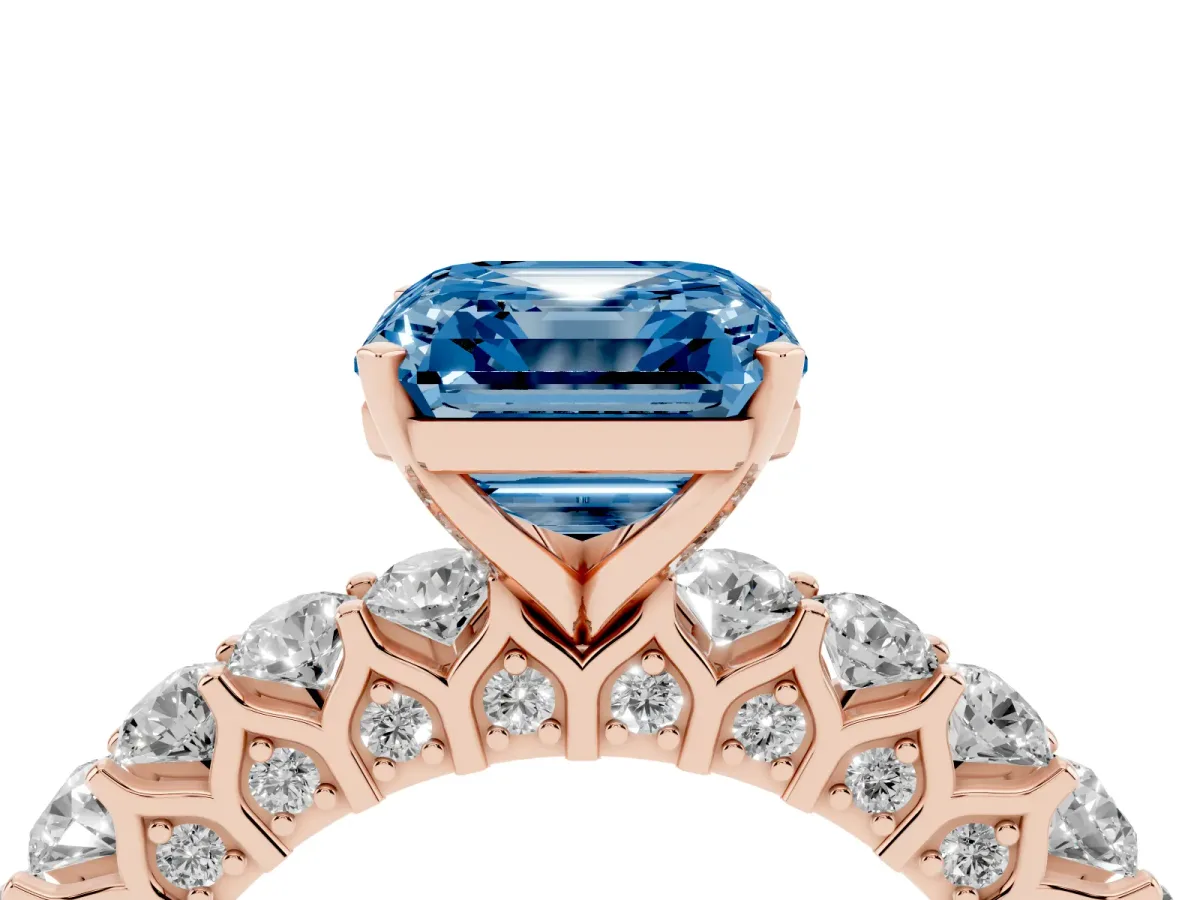Fancy Blue Asscher Cut Diamond Solitaire Ring with Shared Prong Pavé Band and Four-Prong Setting Rose gold
