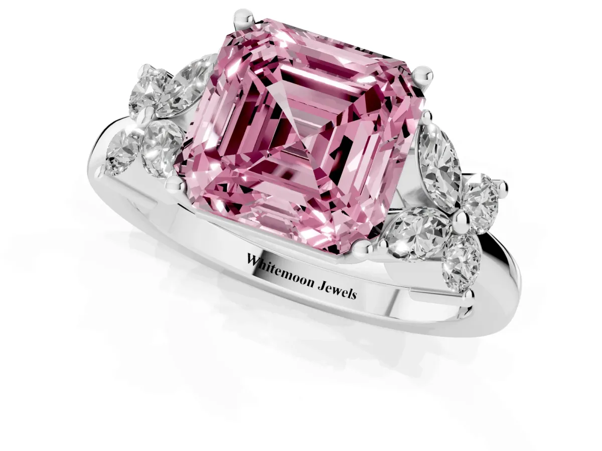 Fancy Pink Asscher Cut Diamond Floral Cluster Ring with Solitaire Band and Prong Setting Silver
