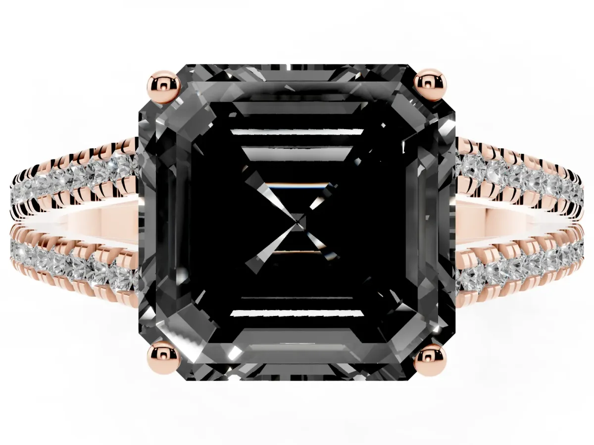 Fancy Black Asscher Cut Diamond Solitaire Engagement Ring with Split Shank Pavé Band Rose gold