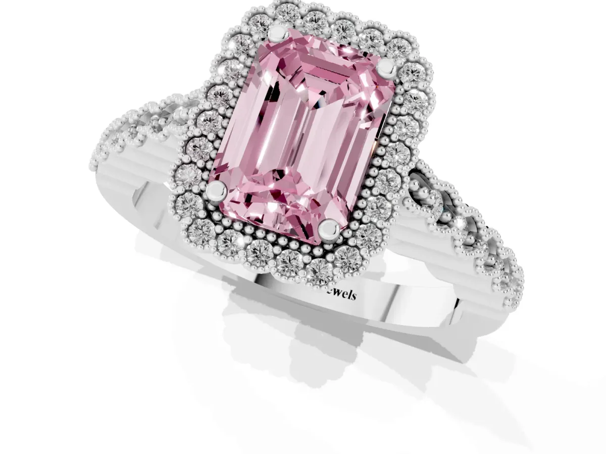 Fancy Pink Emerald Cut Cut Halo Pavé Solitaire Ring with Milgrain Band Silver