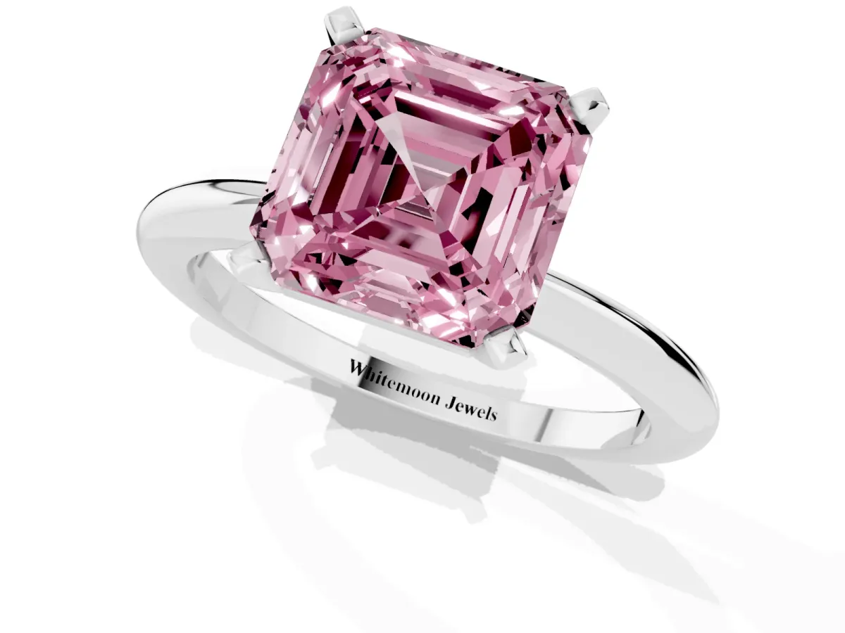 Fancy Pink Asscher Cut Diamond Solitaire Ring with Prong Setting and Classic Band Silver