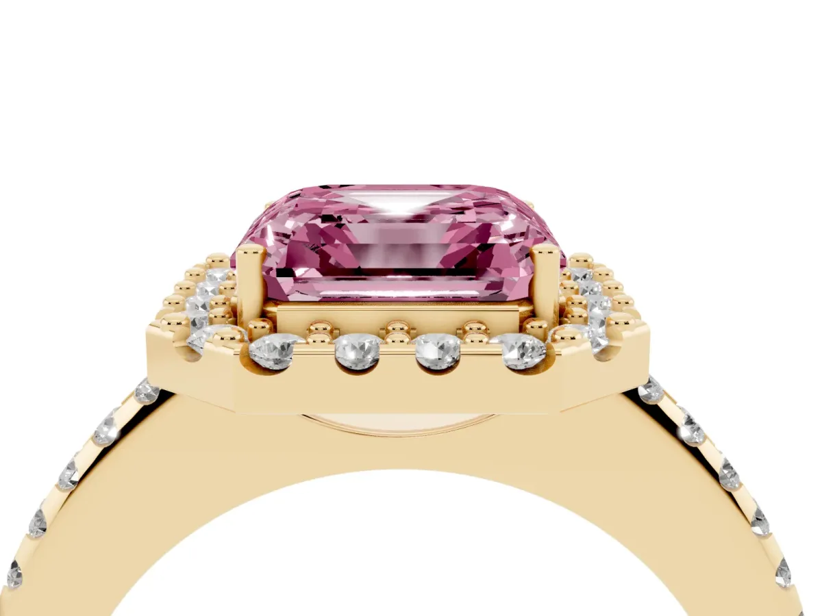 Fancy Pink Asscher Cut Diamond Pavé Halo Ring with Four-Prong Setting Yellow gold