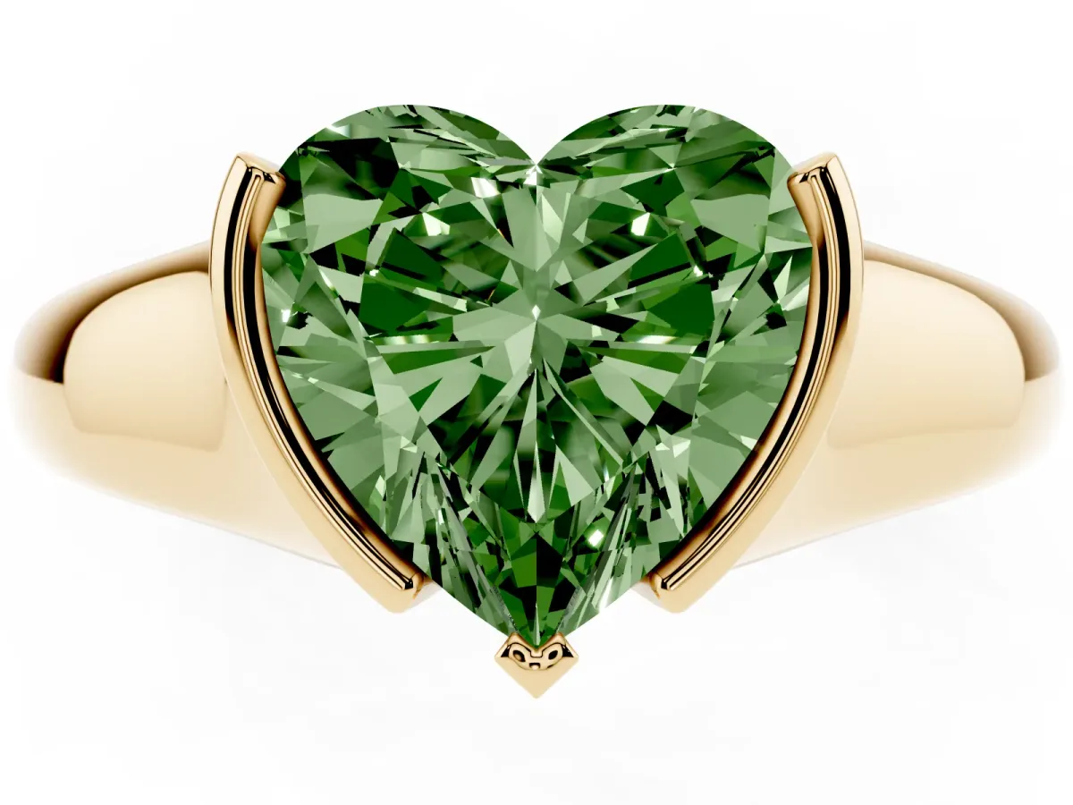 Fancy Green Heart Cut Solitaire Tension Set Diamond Ring with Split Shank Band Yellow gold