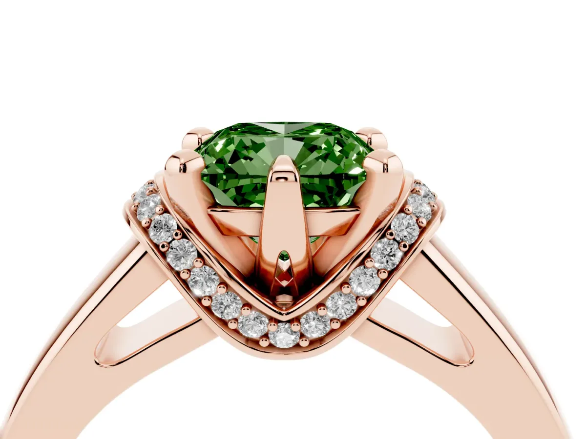Fancy Green Cushion Cut Solitaire Diamond Ring with Pave Band and Six-Prong Setting Rose gold