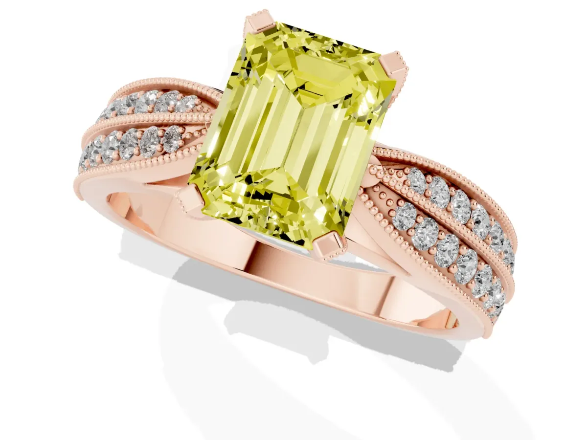 Fancy Yellow Emerald Cut Diamond Solitaire Ring with Milgrain Round Pavé Band and Prong Setting Rose gold