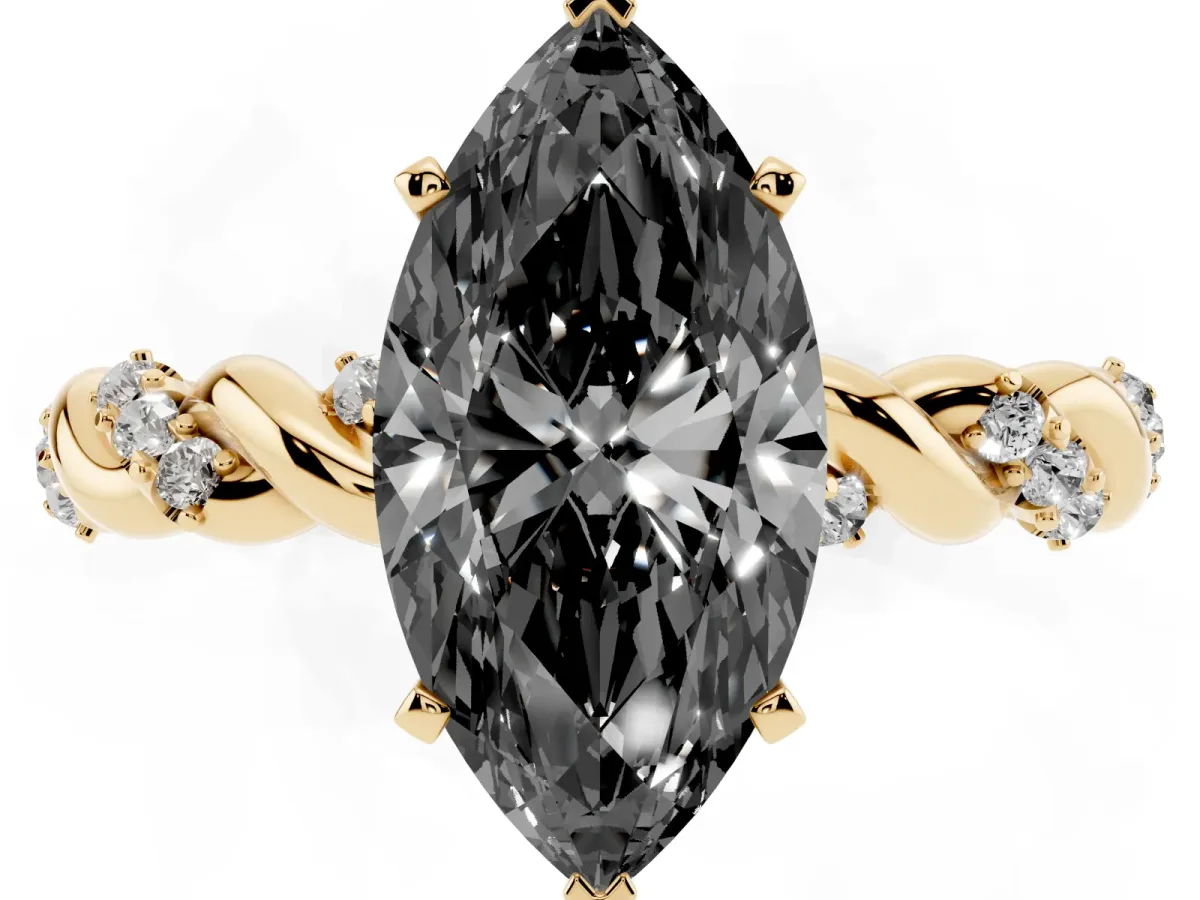 Fancy Black Marquise Cut Diamond Solitaire Ring with Twisted Band and Pavé Accents Yellow gold