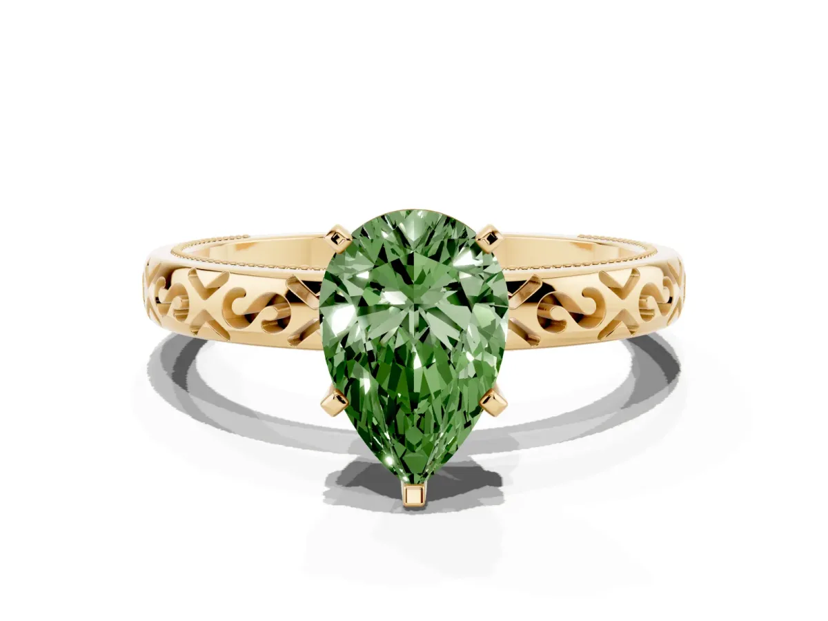 Fancy Green Pear Cut Solitaire Engagement Ring with Scrollwork Band and Four-Prong Setting Yellow gold