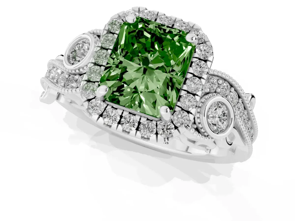 Fancy Green Radiant Cut Diamond Halo Ring with Milgrain Pavé Band and Four-Prong Setting Platinum