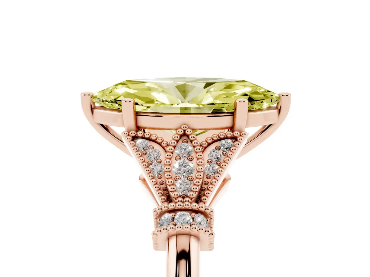Fancy Yellow Marquise Cut Diamond Solitaire Ring with Floral Filigree and Pave Accents Rose gold