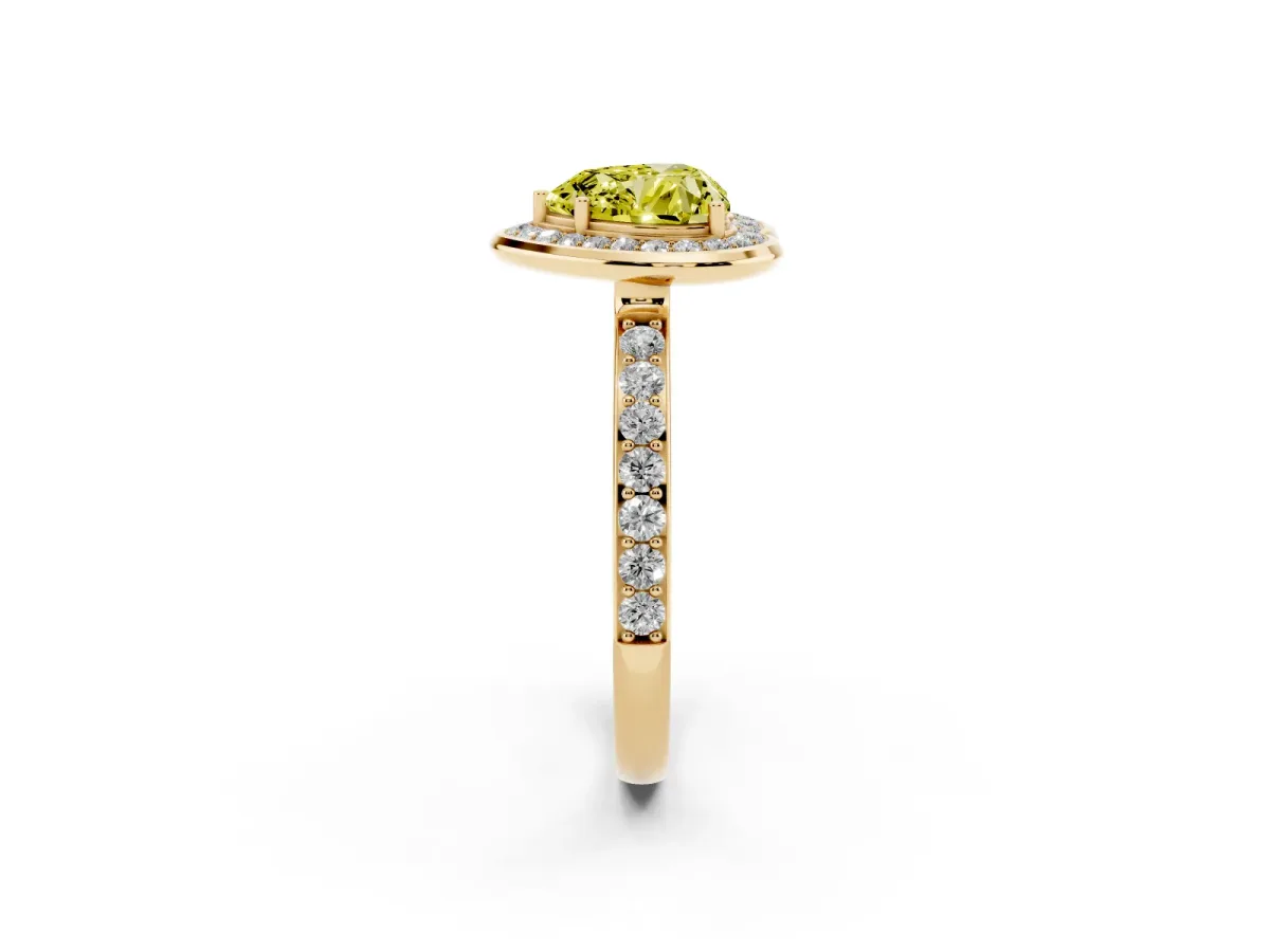 Fancy Yellow Heart Cut Diamond Halo Ring with Bezel Frame and Pavé Band Yellow gold