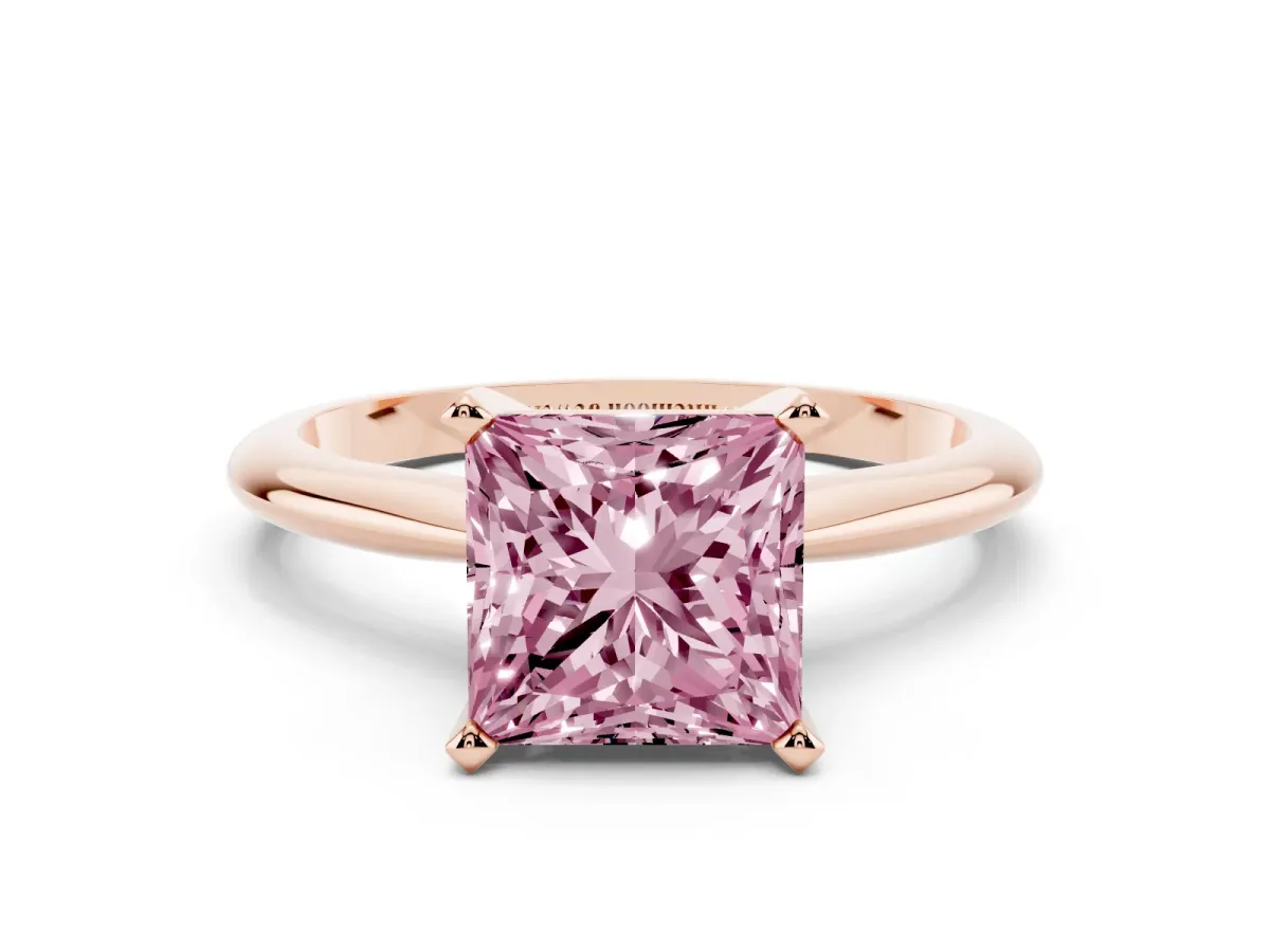 Fancy Pink Princess Cut Cut Solitaire Ring with Four-Prong Setting on a Classic Band Rose gold