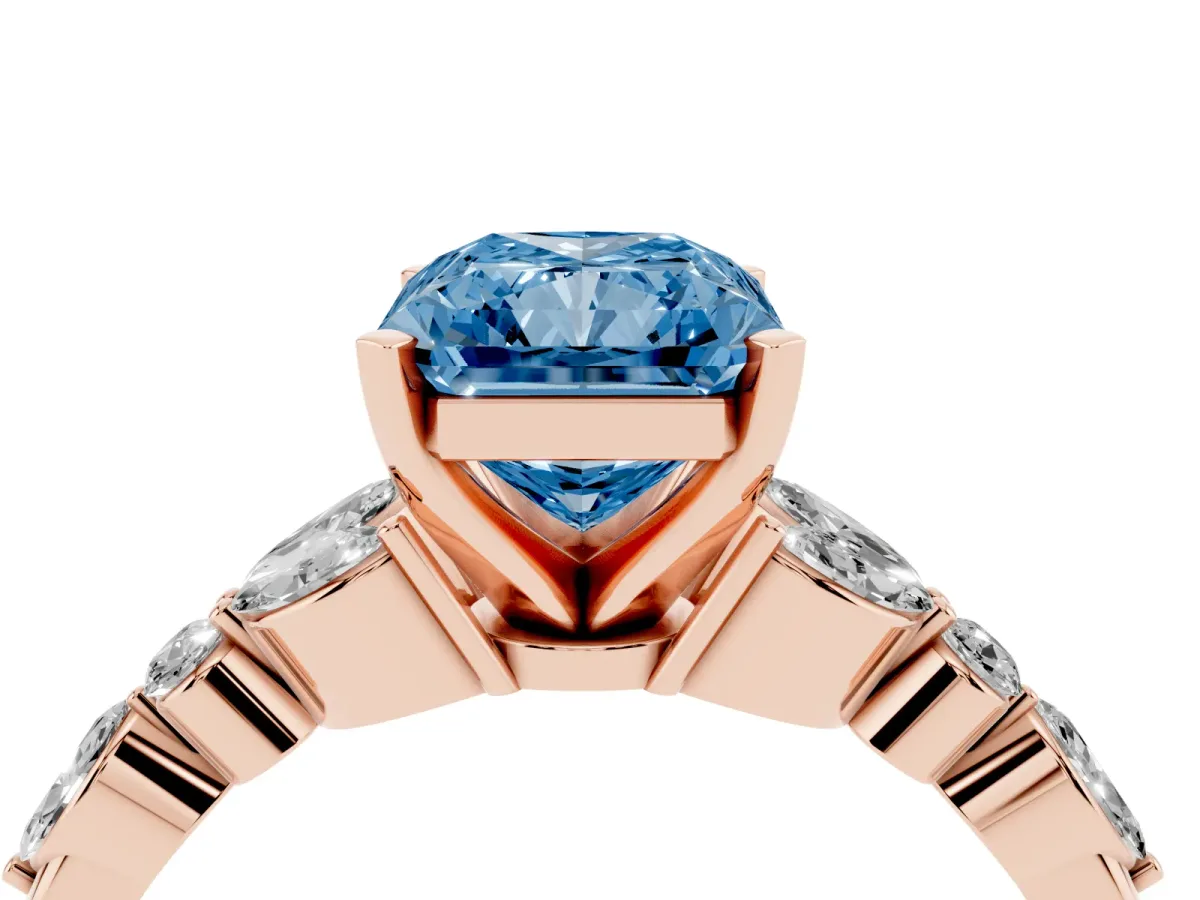 Fancy Blue Radiant Cut Diamond Solitaire Ring with Side Stones and Four-Prong Setting Rose gold