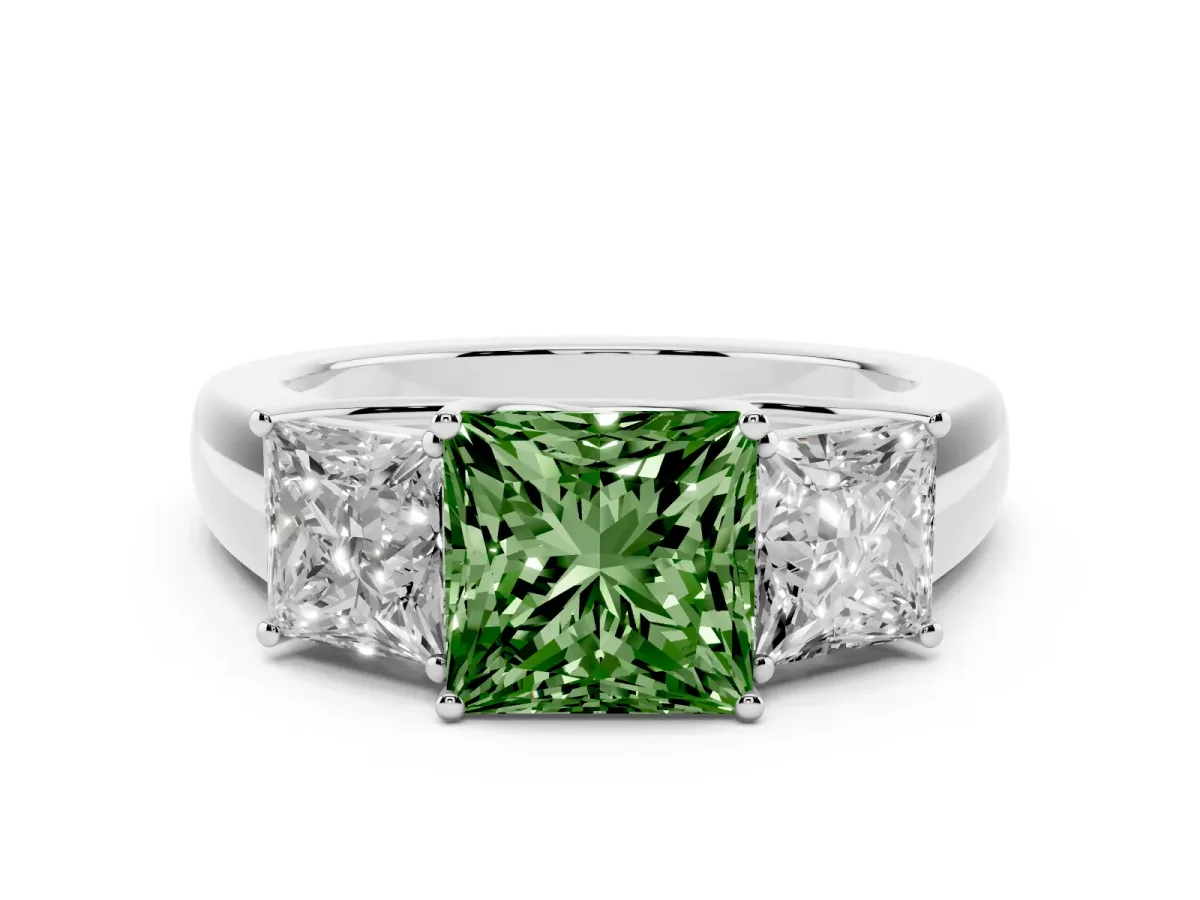Fancy Green Three-Stone Princess Cut Cut Diamond Ring with Prong Setting and Classic Band Platinum