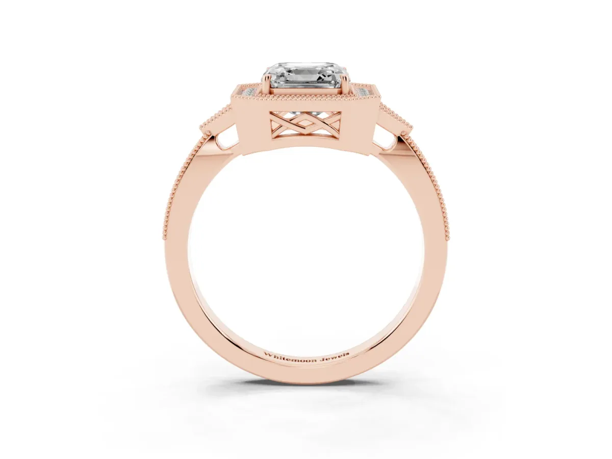 Asscher Cut Halo Round Diamond Milgrain Pave Engagement Ring Rose gold