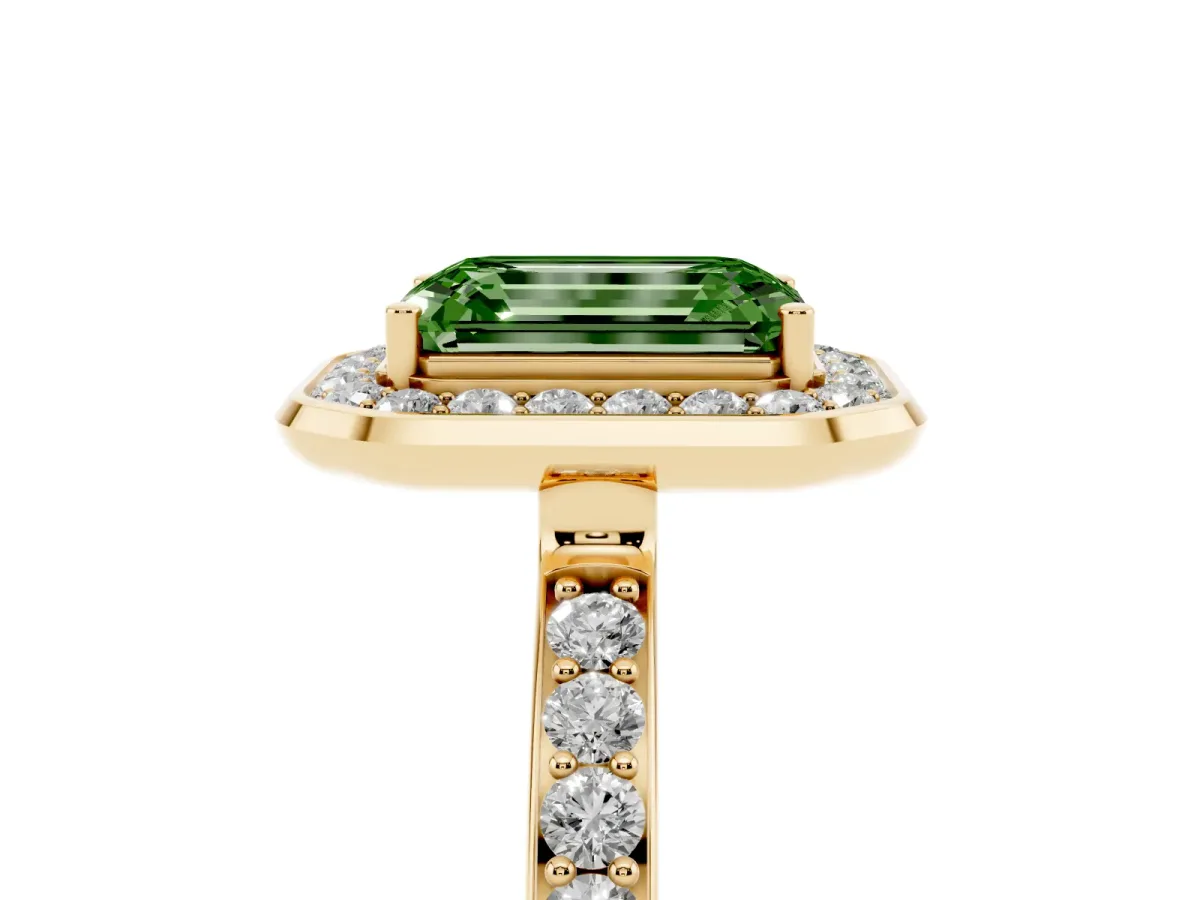 Fancy Green Emerald Cut Diamond Halo Ring with Bezel Frame and Pavé Band Yellow gold