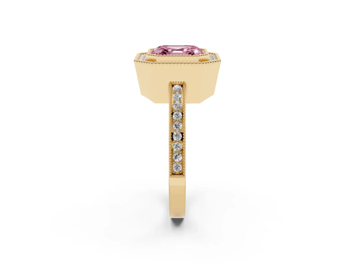 Fancy Pink Asscher Cut Cut Halo Diamond Ring with Pavé Band and Milgrain Prong Setting Yellow gold