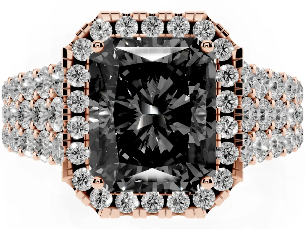 Fancy Black Radiant Cut Diamond Halo Engagement Ring with Triple Row Round Pavé Band and Prong Setting Rose gold