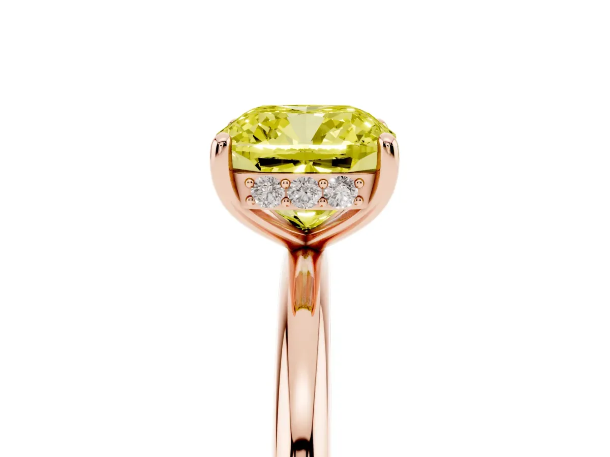 Fancy Yellow Cushion Cut Solitaire Diamond Ring with a Classic Band and Four-Prong Setting Rose gold
