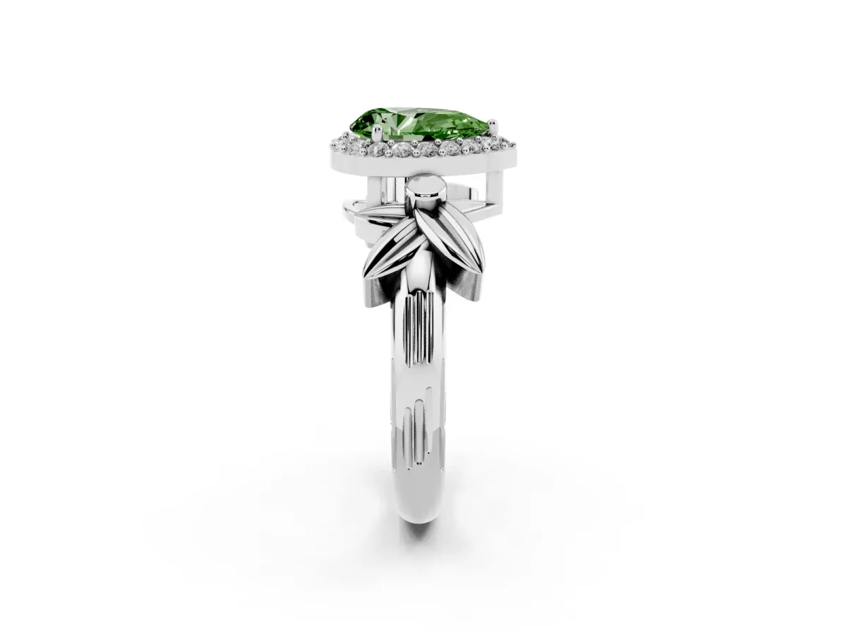 Fancy Green Pear Cut Halo Diamond Floral Band with Four-Prong Setting White gold