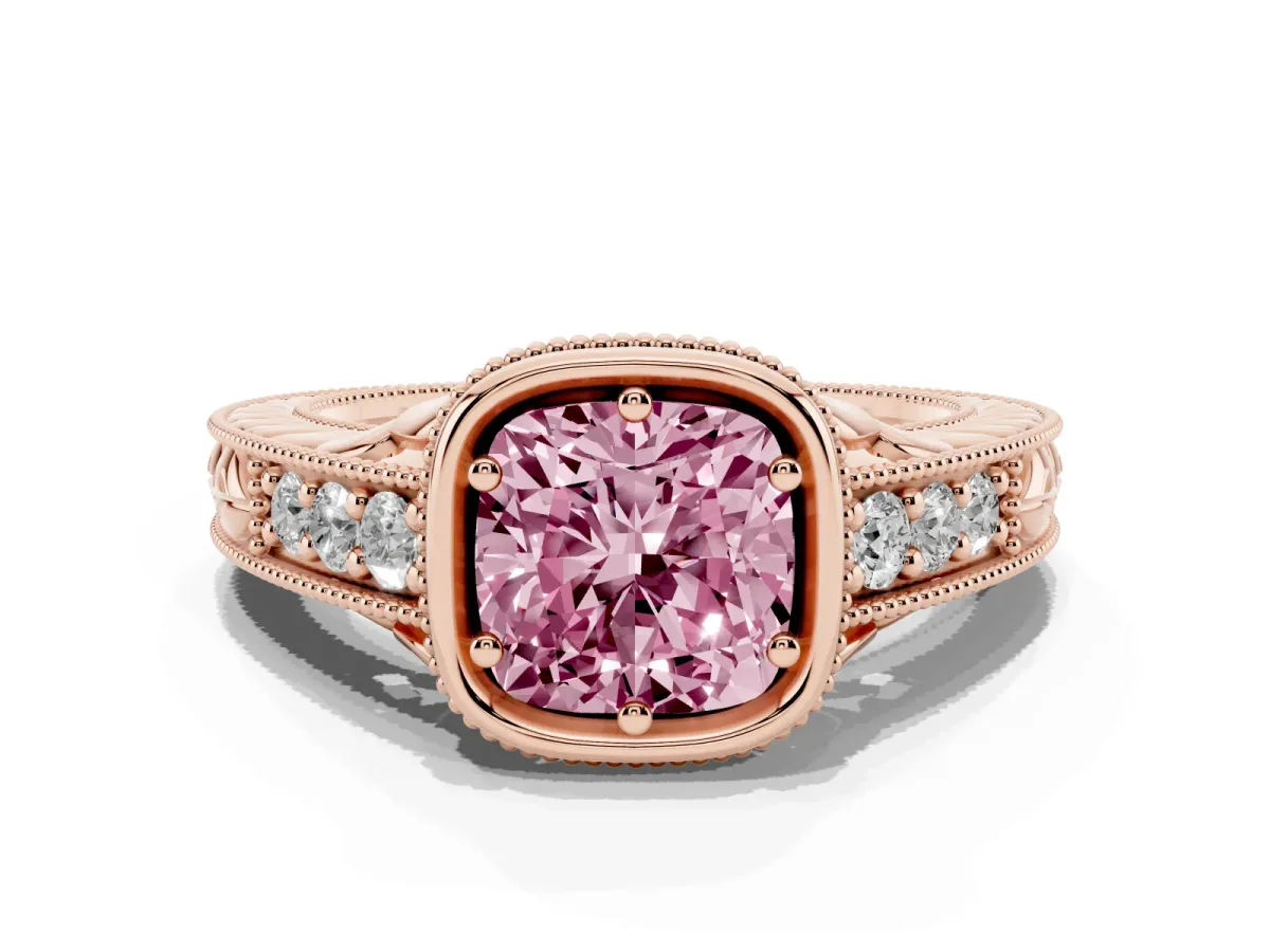 Fancy Pink Bezel Set Cushion Cut Diamond Milgrain Pave Engagement Ring Rose gold
