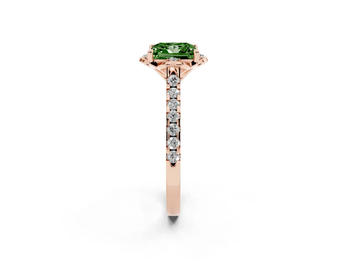 Fancy Green Princess Cut Diamond Ring with Pavé Band and Floral Prong Setting Rose gold