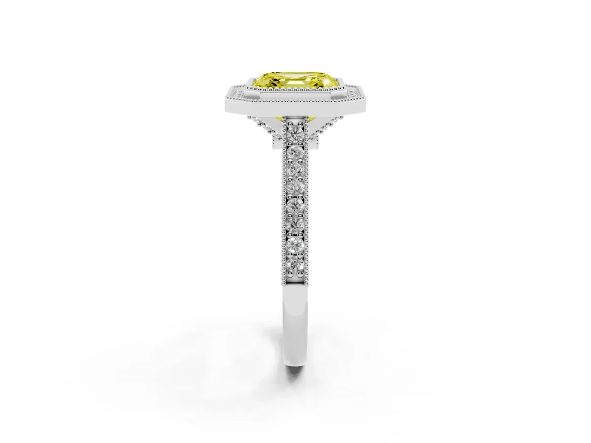 Fancy Yellow Halo Asscher Cut-Cut Diamond Pave Band Milgrain Prong Setting Ring Silver