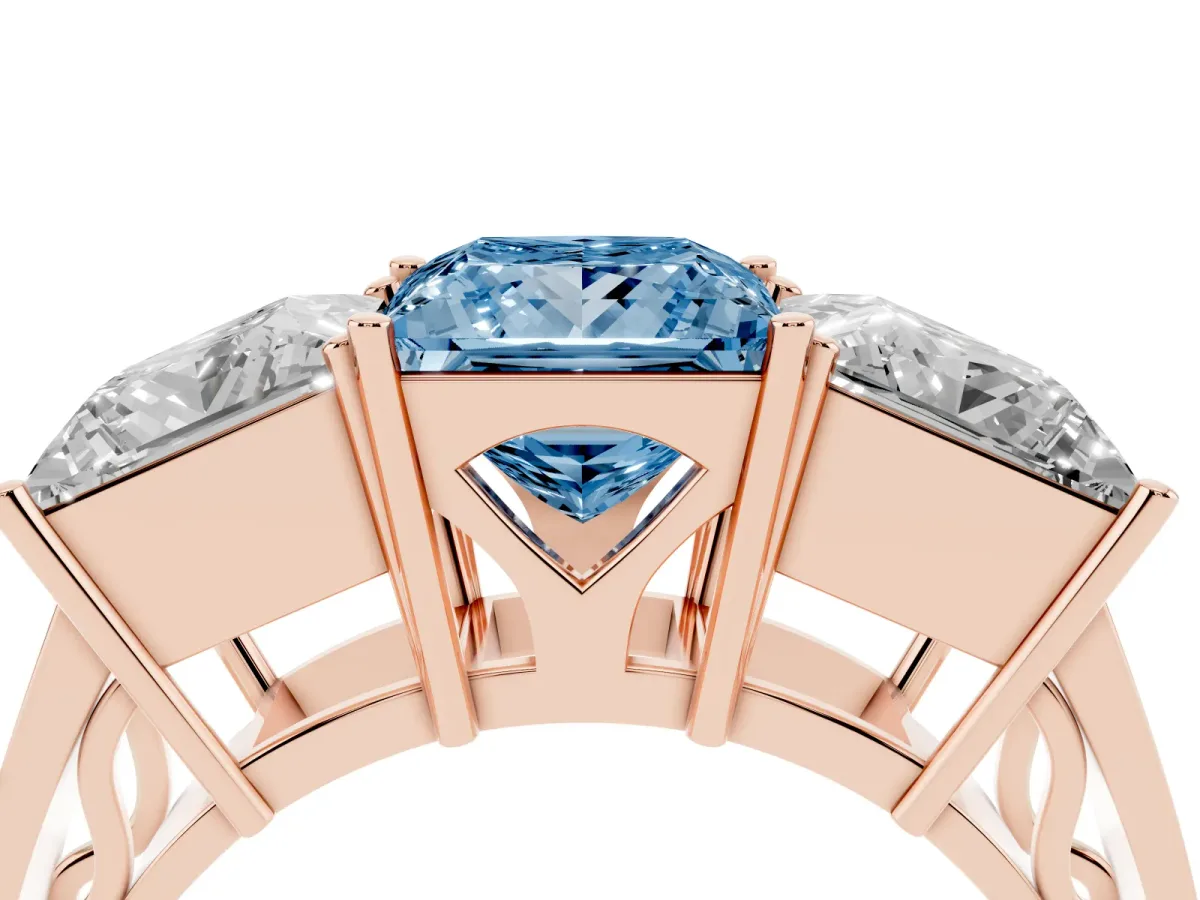 Fancy Blue Princess Cut Diamond Three-Stone Ring with Prong Setting and Textured Band Rose gold
