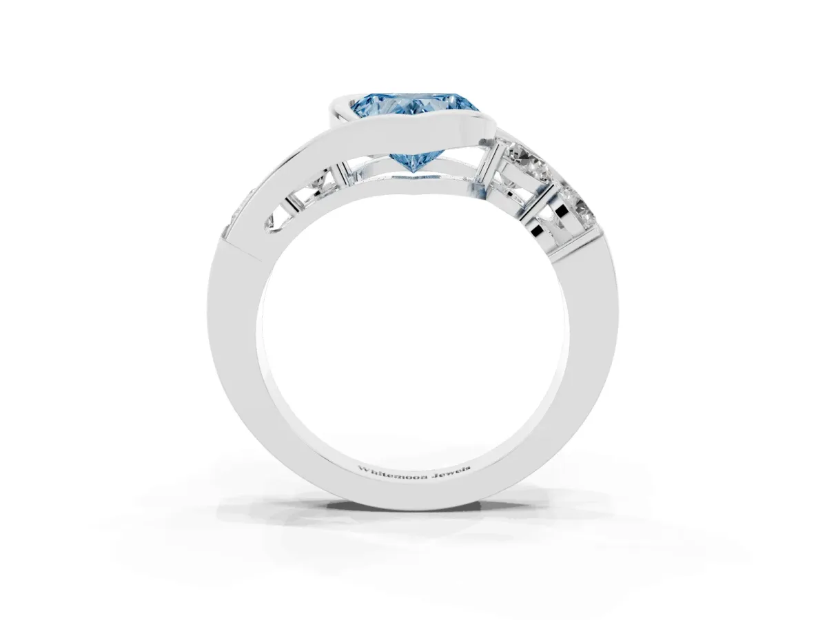 Fancy Blue Bezel Set Heart Cut Diamond Bypass Ring with Round Accents Platinum