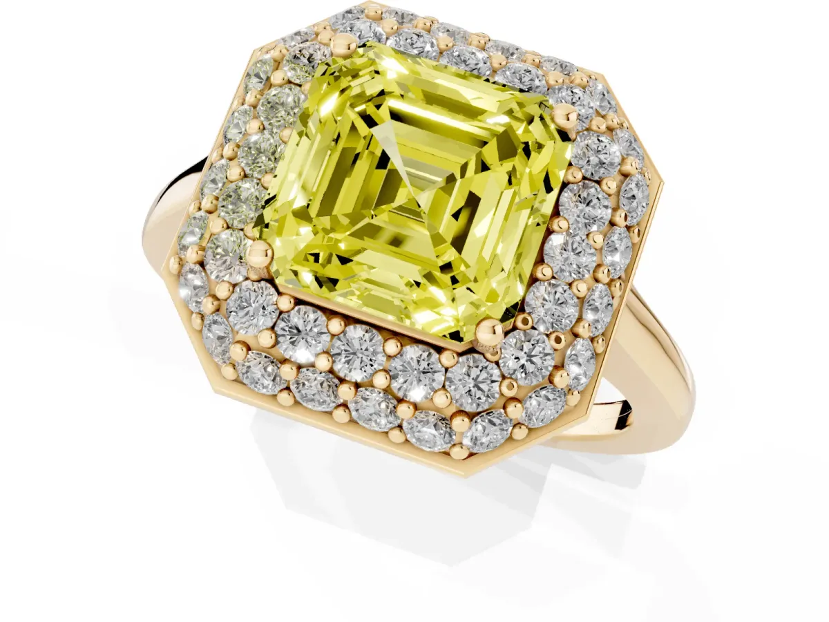 Fancy Yellow Asscher Cut Halo Diamond Engagement Ring with Solitaire Band and Four-Prong Setting Yellow gold
