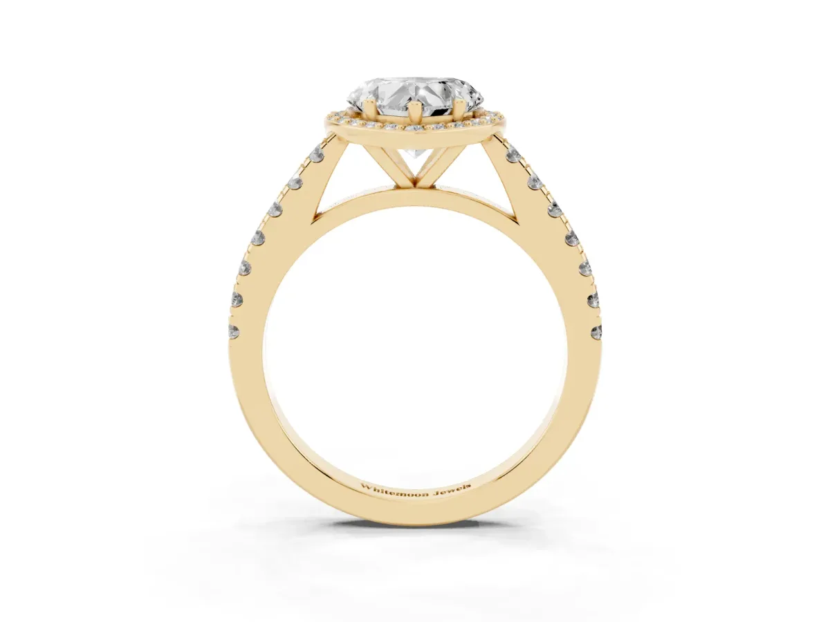Heart Cut Cut Halo Diamond Engagement Ring with Pave Band and Four-Prong Setting Yellow gold