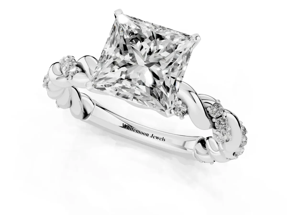 Princess Cut Diamond Solitaire Ring with Twisted Band and Pavé Accents White gold