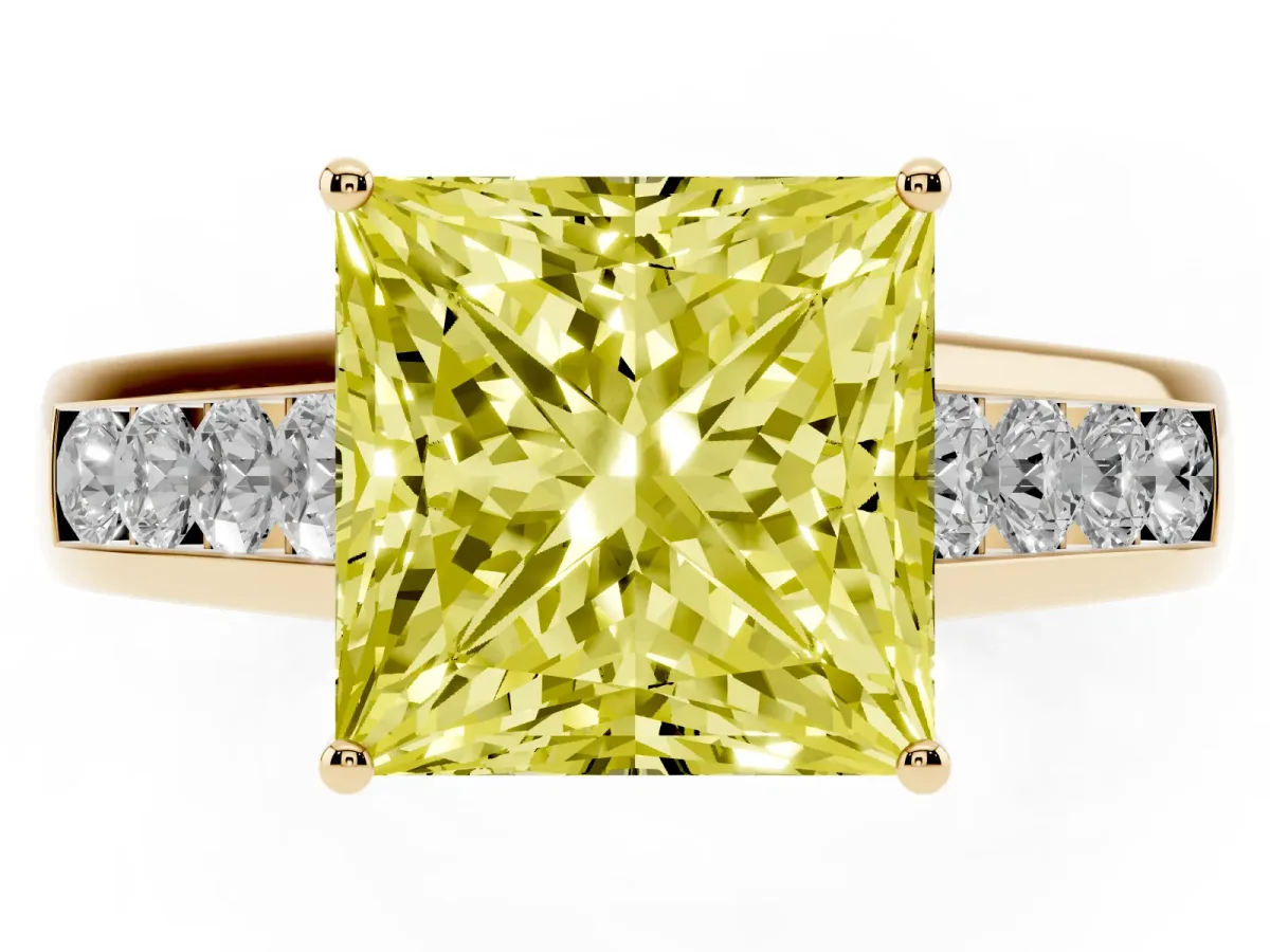 Fancy Yellow Princess Cut Solitaire Channel-Set Diamond Engagement Ring with Four-Prong Setting Yellow gold