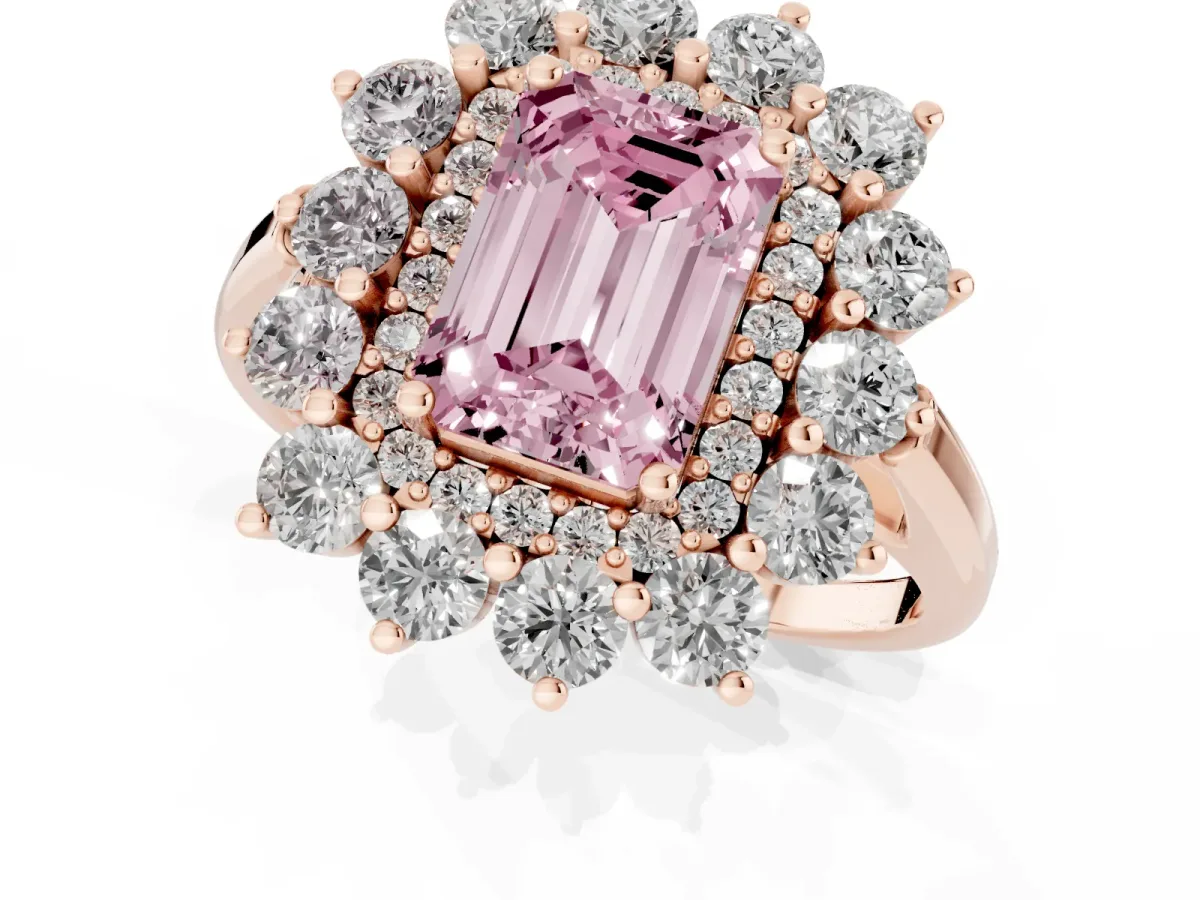 Fancy Pink Emerald Cut Diamond Floral Double Halo Engagement Ring with Prong Setting Rose gold
