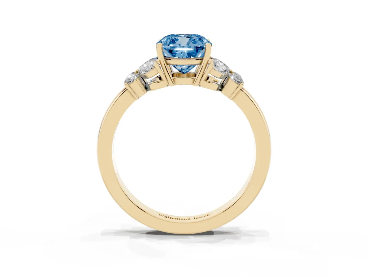 Fancy Blue Cushion Cut Cut Solitaire Floral Diamond Ring with Four-Prong Setting Yellow gold