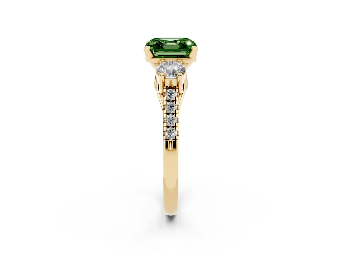Fancy Green Three-Stone Asscher Cut Diamond Pavé Band with Four-Prong Setting Yellow gold