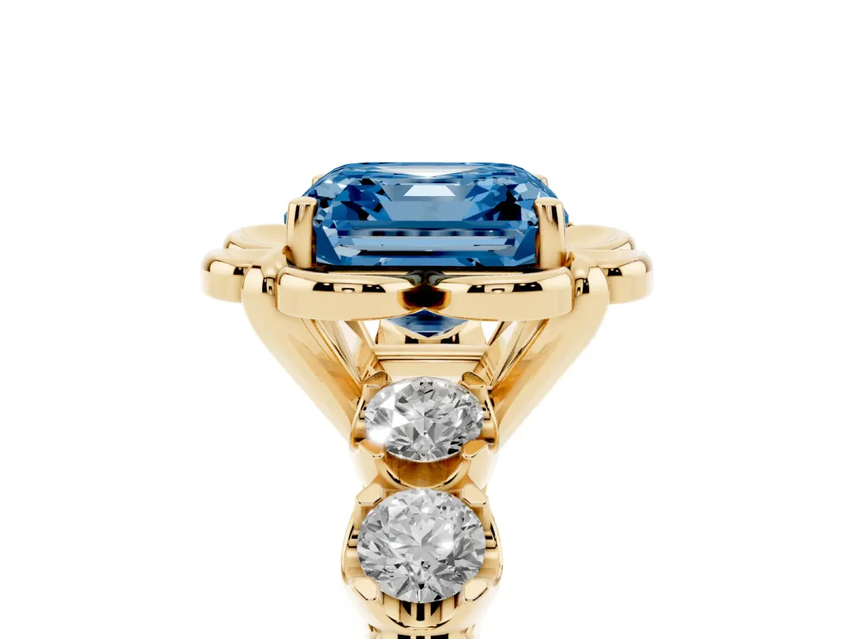 Fancy Blue Asscher Cut Cut Diamond Floral Halo Engagement Ring with Shared Prong Setting Yellow gold