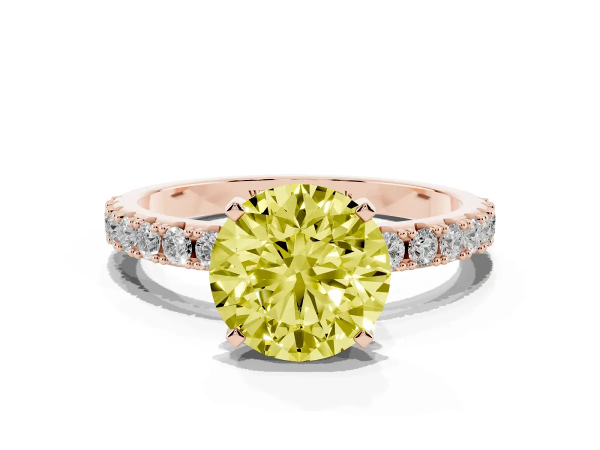 Fancy Yellow Round Cut Diamond Solitaire Pavé Band with Four-Prong Setting Rose gold