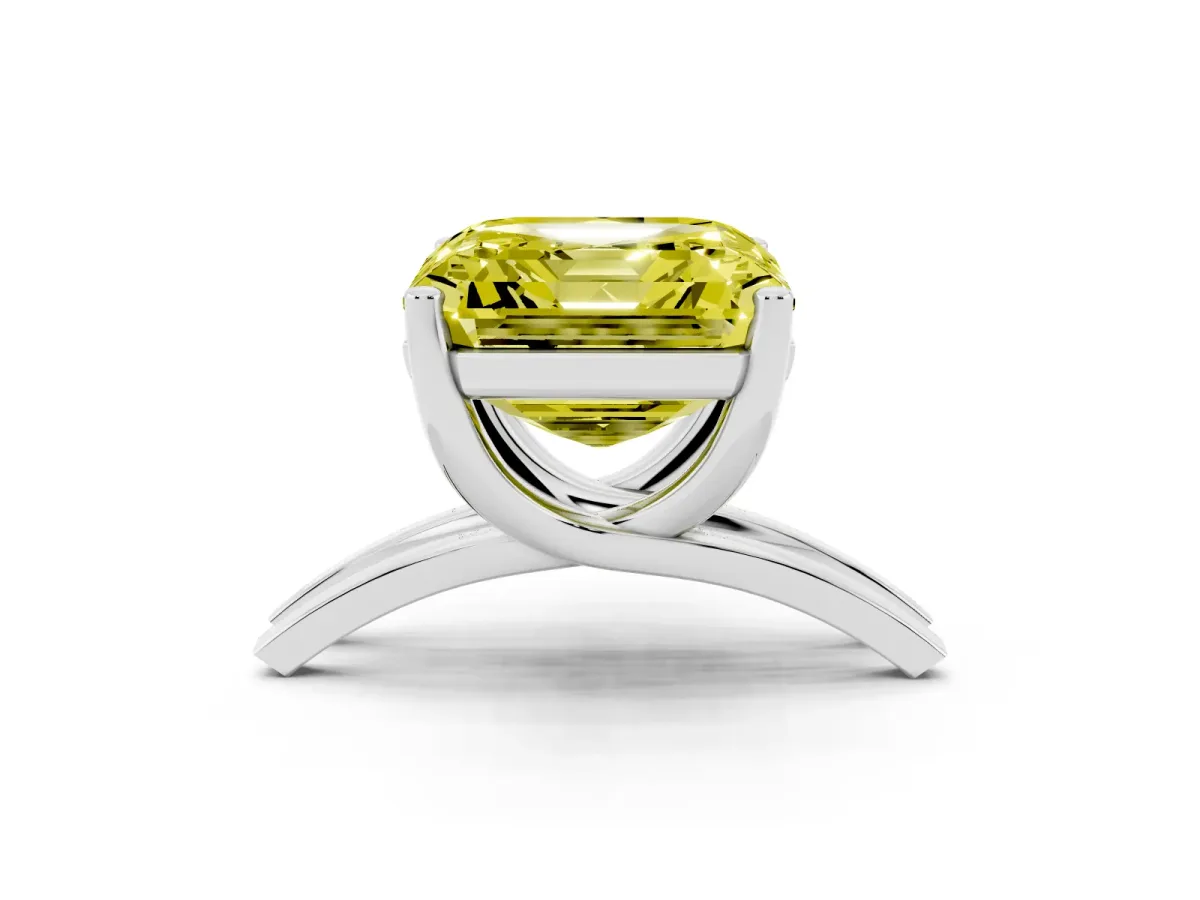 Fancy Yellow Asscher Cut Cut Diamond Solitaire Engagement Ring with Tapered Plain Band and Four-Prong Setting Silver