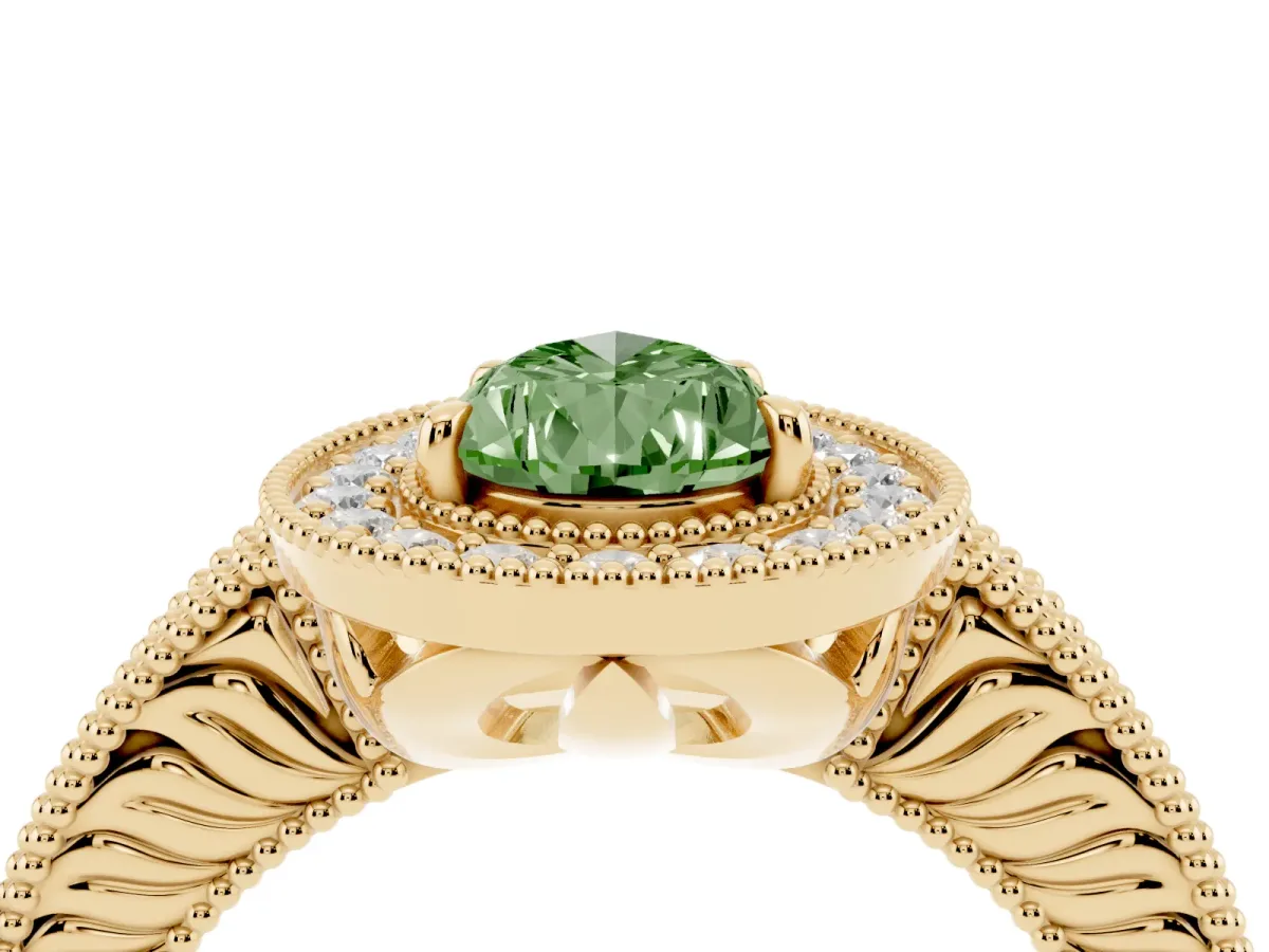 Fancy Green Pear Cut Cut Halo Diamond Ring with Pavé Band and Four-Prong Setting Yellow gold
