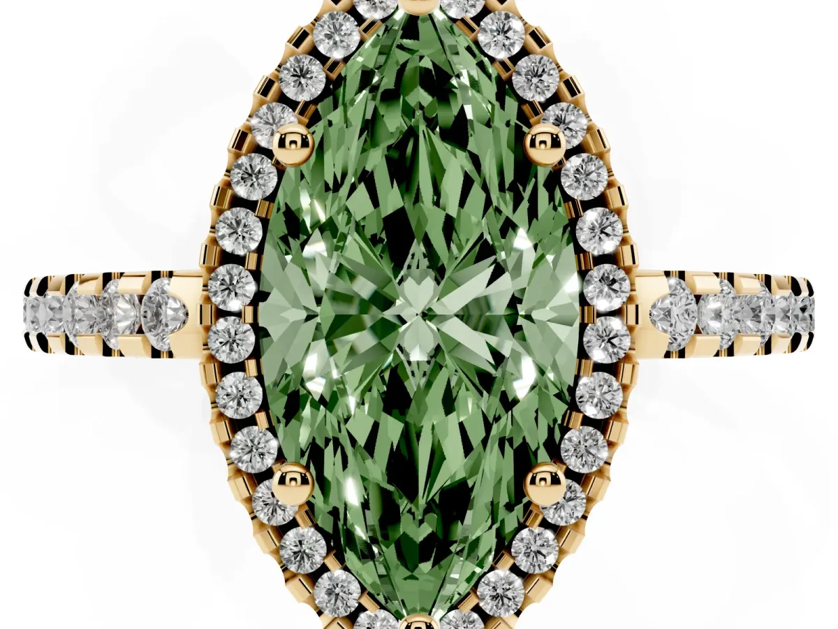 Fancy Green Marquise Cut Diamond Halo Engagement Ring with Pavé Band and Prong Setting Yellow gold