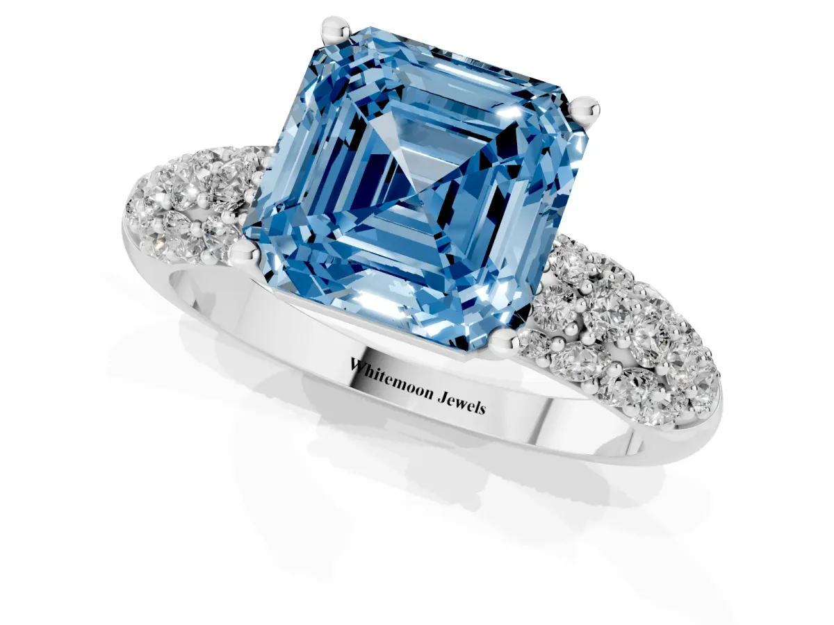 Fancy Blue Asscher Cut Diamond Pavé Band Solitaire Ring with Four-Prong Setting Silver