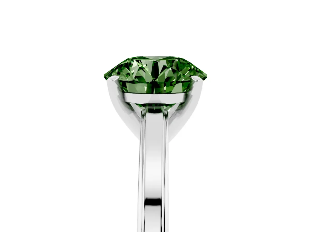 Fancy Green Round Cut Solitaire Diamond Ring with Four-Prong Setting and Classic Band Silver