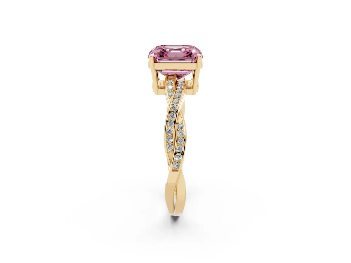 Fancy Pink Asscher Cut Solitaire Twisted Pave Diamond Ring with Four-Prong Setting Yellow gold
