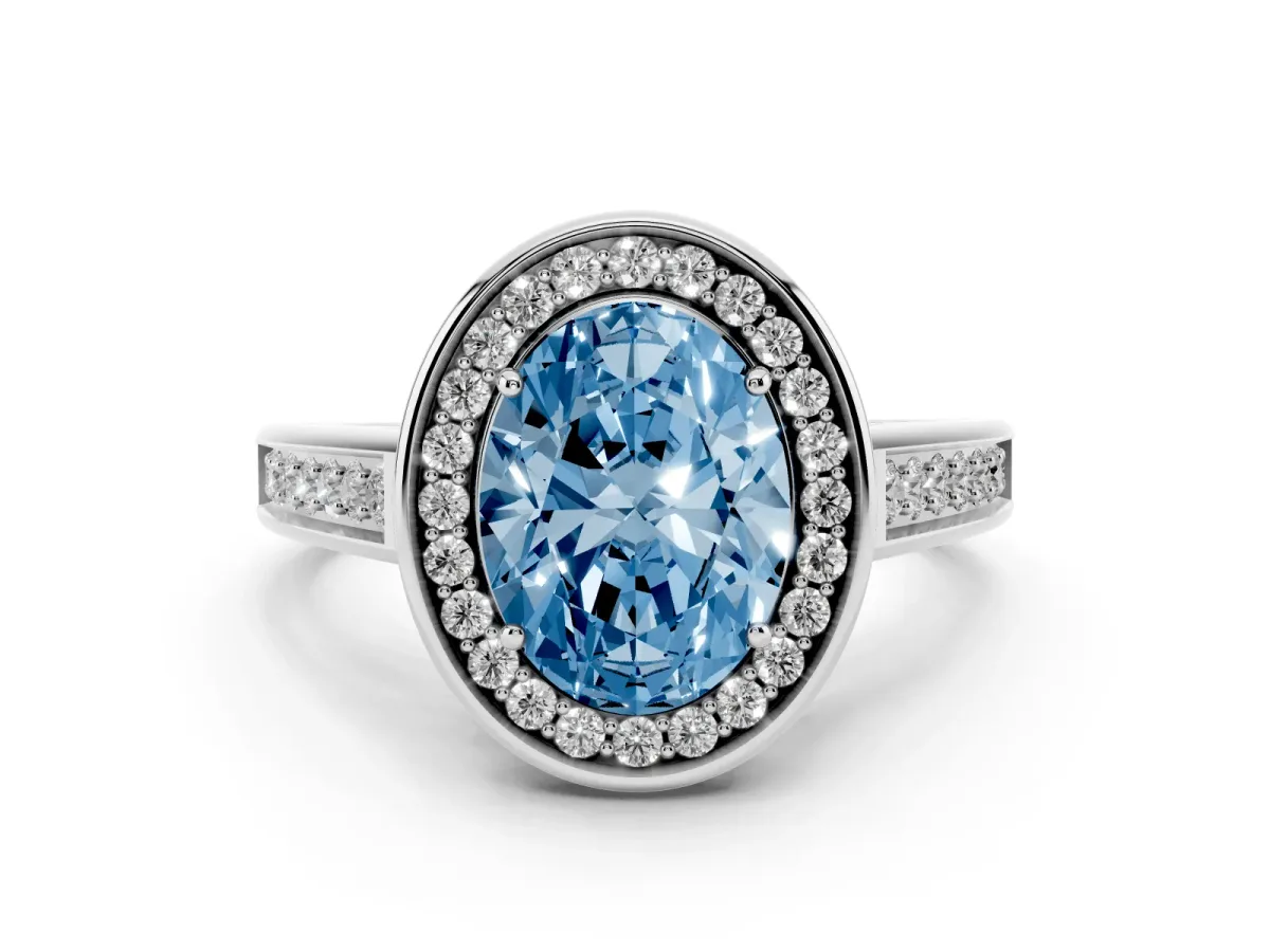 Fancy Blue Oval Cut Halo Solitaire Diamond Ring with Pave Band and Bezel Setting Silver