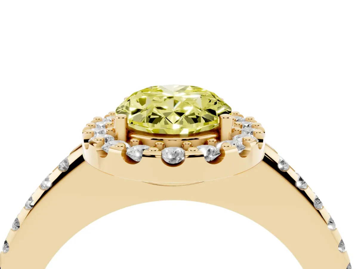 Fancy Yellow Oval Cut Diamond Pavé Halo Ring with Four-Prong Setting Yellow gold