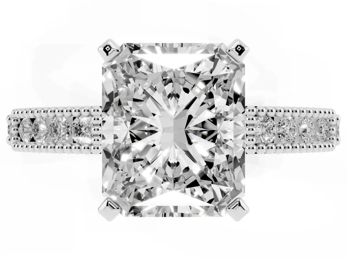 Radiant Cut Solitaire with Pavé Band and Four-Prong Setting Platinum