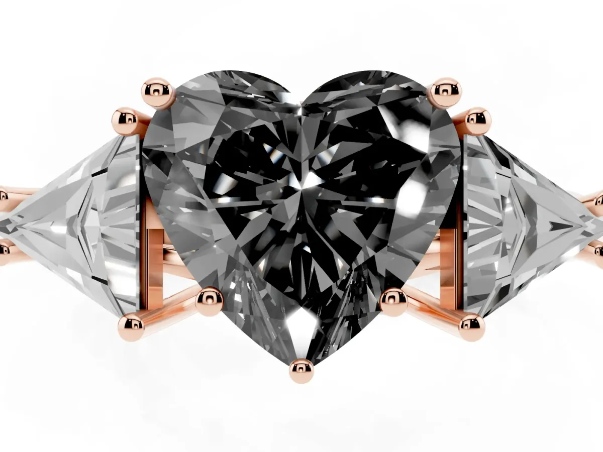 Fancy Black Three-Stone Heart Cut Diamond Engagement Ring with Trillion Side Stones and Prong Setting Rose gold